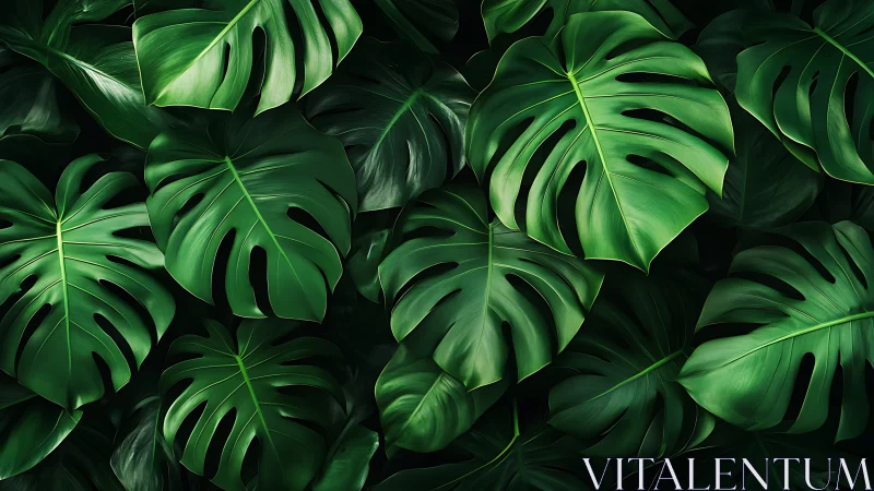 Photorealistic overlapping monstera deliciosa foliage detail