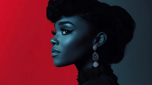 Profile portrait of woman against red and teal background.