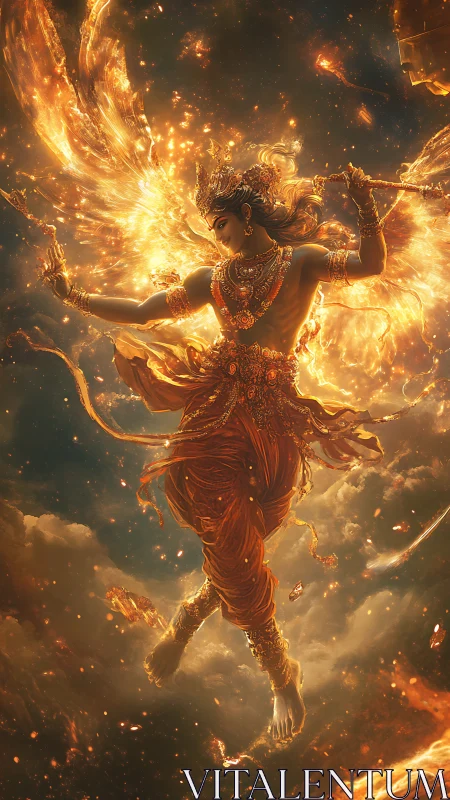 Mythic humanoid figure is rendered in luminous fiery motion