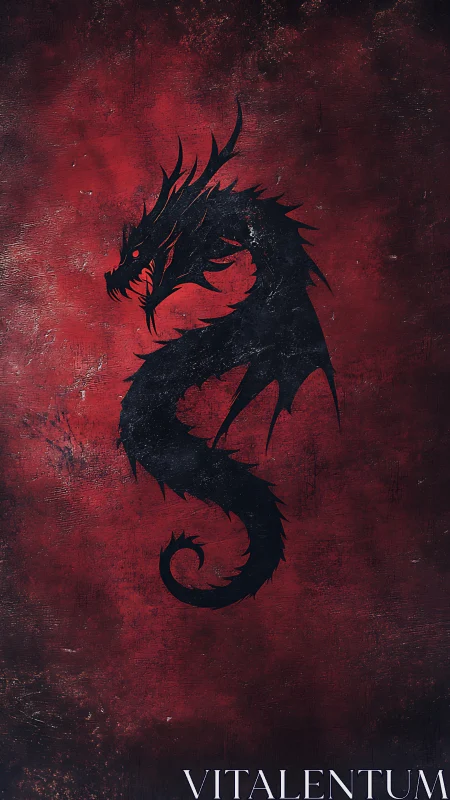 Coiled shadow dragon rising against a weathered red sky.