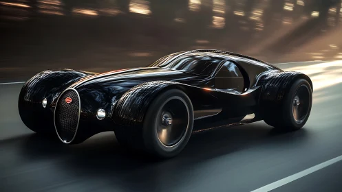 Streamlined black Bugatti concept car on forest roadway.