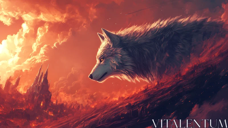 Colossal spectral wolf looms above burning crimson citadel