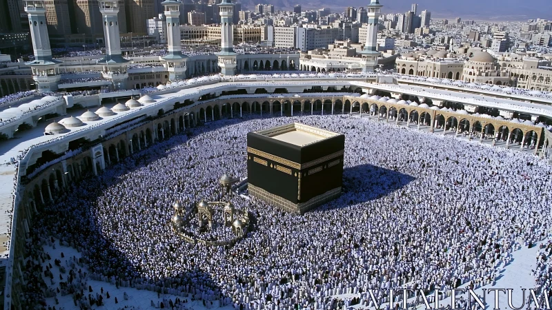 Vast Mecca courtyard encircling the Kaaba during pilgrimage.