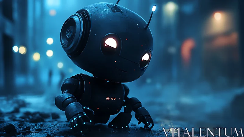 3D cyberpunk street bot in cinematic blue hour lighting.