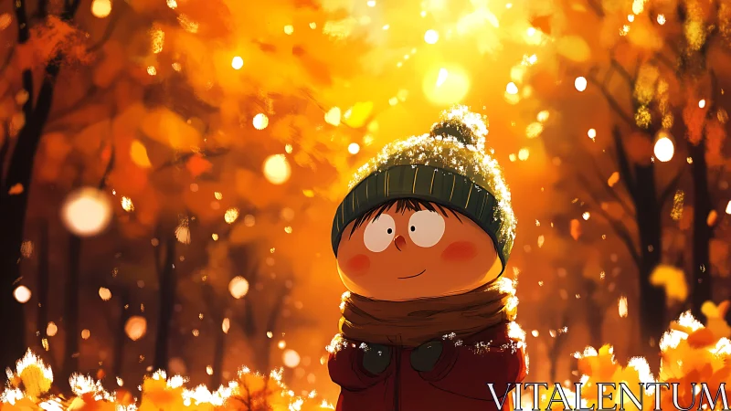 Snow-dusted daydreamer wrapped in glowing autumn forest.