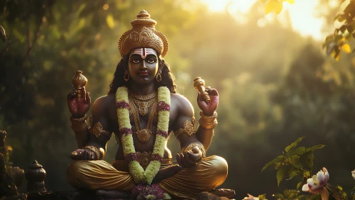 Photorealistic Hindu deity statue in golden forest light.