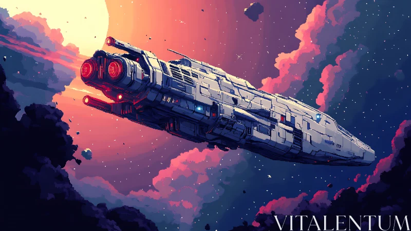Pixel-rendered starship crosses nebular sunset with glowing engines