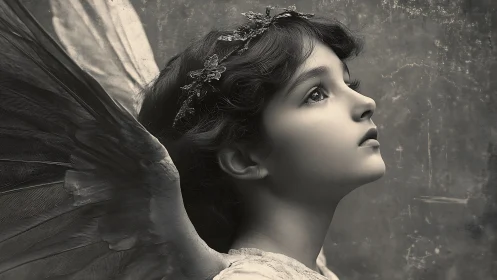 Profile portrait of winged child figure in grayscale light.