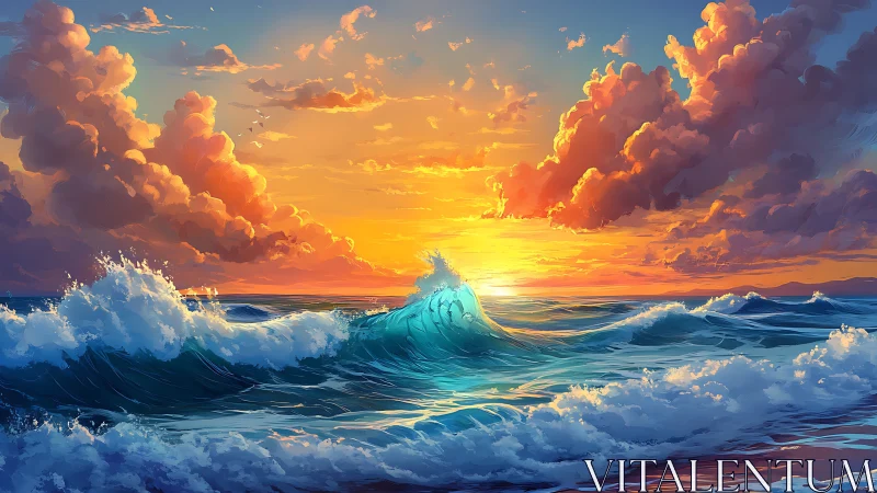 Sunlit ocean wave rises beneath dense clouds at horizon