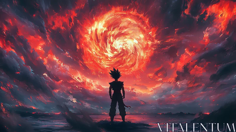 Digital painting of lone warrior under apocalyptic vortex sky.