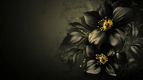 Dark Florals with Golden Stamens Against Muted Background.