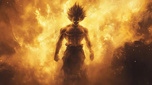 Fierce fiery warrior strides forward through raging golden flames