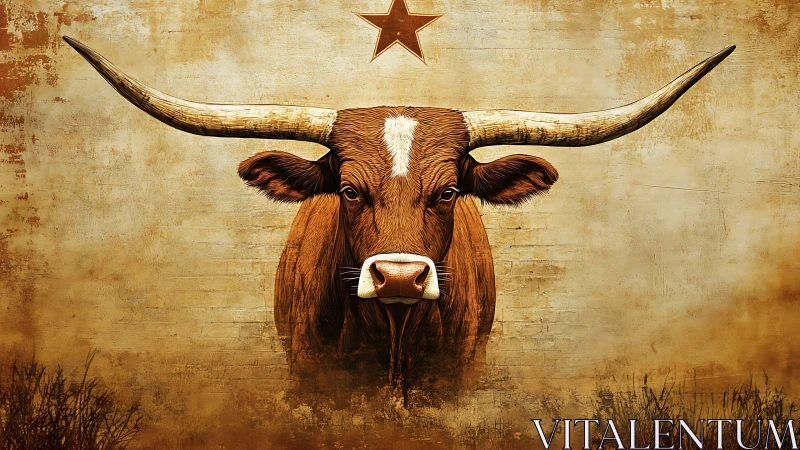 Texas longhorn portrait dominates rustic textured wall scene
