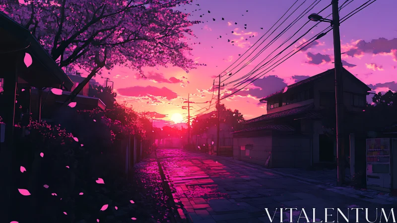 Twilight-lit residential street renders saturated magenta sky gradients