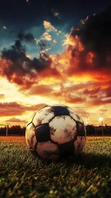Weathered soccer ball on grass under dramatic sunset sky.