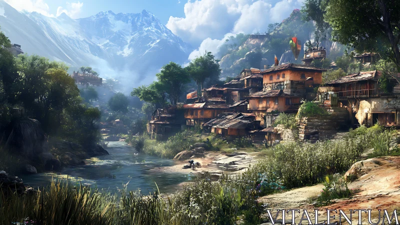 Mountain river village nestles below snowcapped peaks