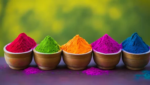 Vibrant powdered pigments in brass bowls under soft bokeh light.