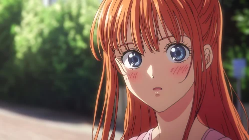 Red-haired anime girl looks surprised on sunlit street