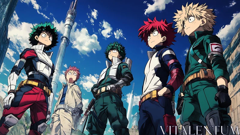 Anime hero team stands unified under vivid blue sky.
