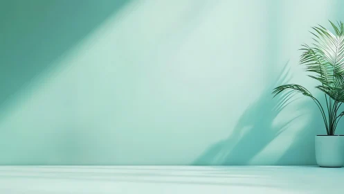 Soft mint wall and sunlit potted palm in quiet morning glow.