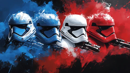 Helmets ride a tricolor storm of smoke and laser glare