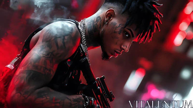 Intense neon warrior holding a gun in a moody city night.