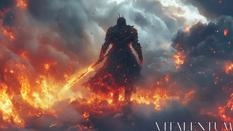 Armored warlord silhouette stands in volumetric fire and smoke
