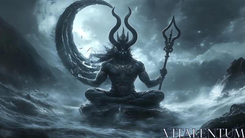Horned deity meditating over stormy ocean in twilight.