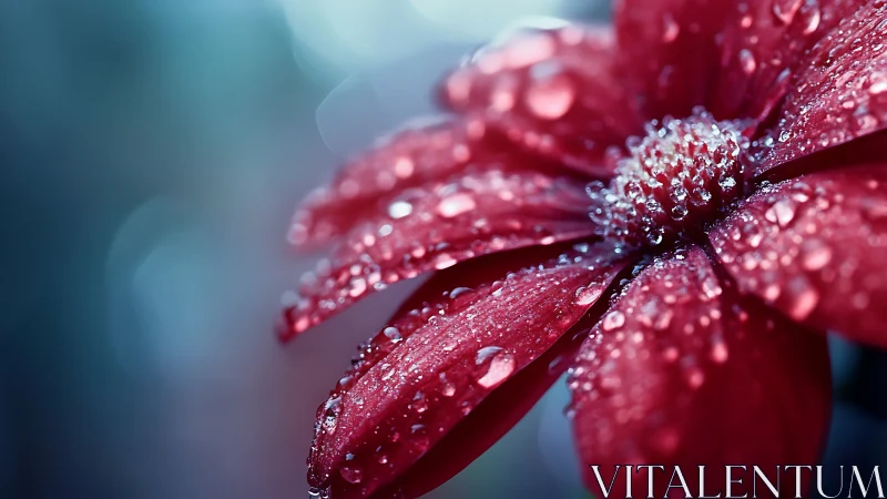 Red flower macro with dew drops on petals and center.