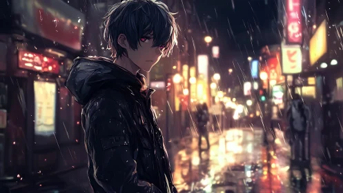 Moody anime street portrait in neon rain-soaked cityscape.