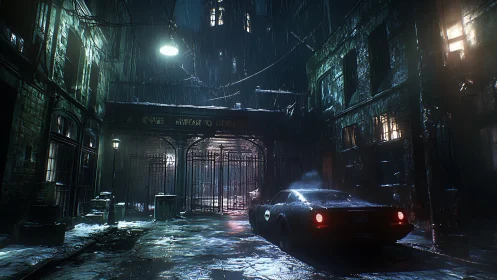 Rain-soaked city alley where a lone muscle car waits quietly.