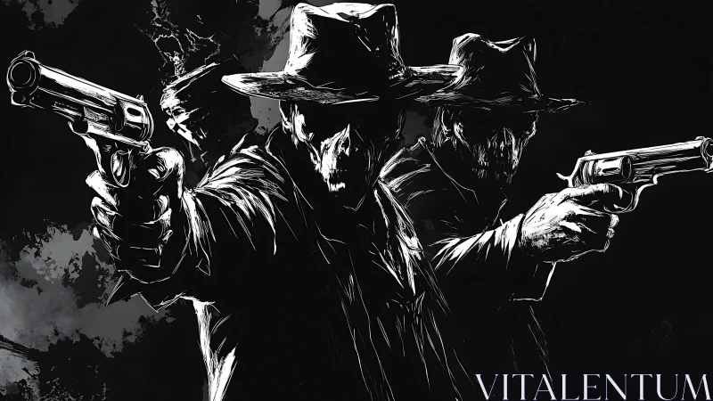 Trio of armed figures stand in high-contrast monochrome