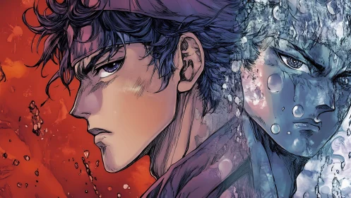 Dual anime warrior faces merge fire and water elements.