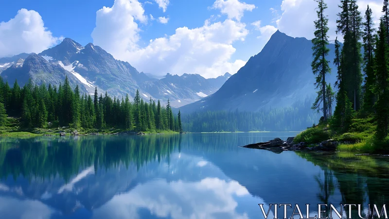 Serene alpine lake mirrors pine forest and rugged mountains.