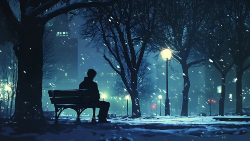 Solitary figure on park bench in snowy neon city night.