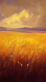 Golden wheat field under dramatic storm-lit evening sky