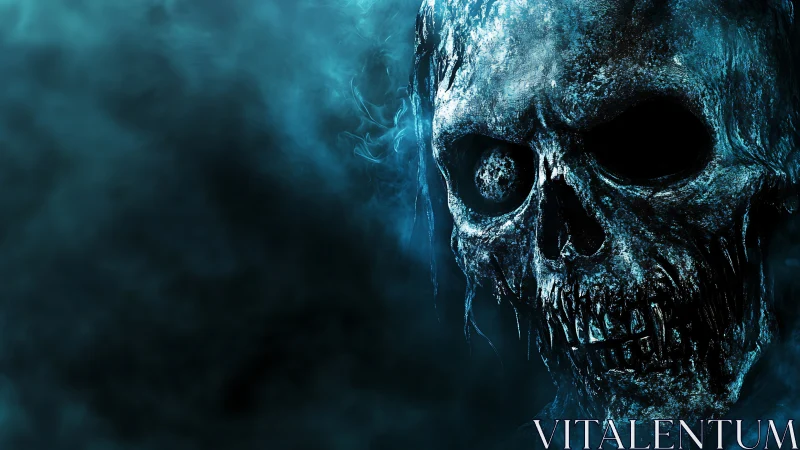 Haunting decayed skull emerges from swirling blue mist.