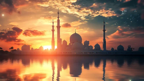Sunlit mosque skyline mirrored in glowing reflective water.