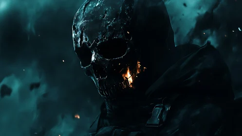 Flaming skull soldier emerges from smoky teal darkness.