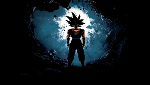 Lone anime warrior glowing against a stormy cosmic sky.