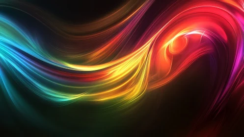 Flowing neon light ribbons curve across dark background