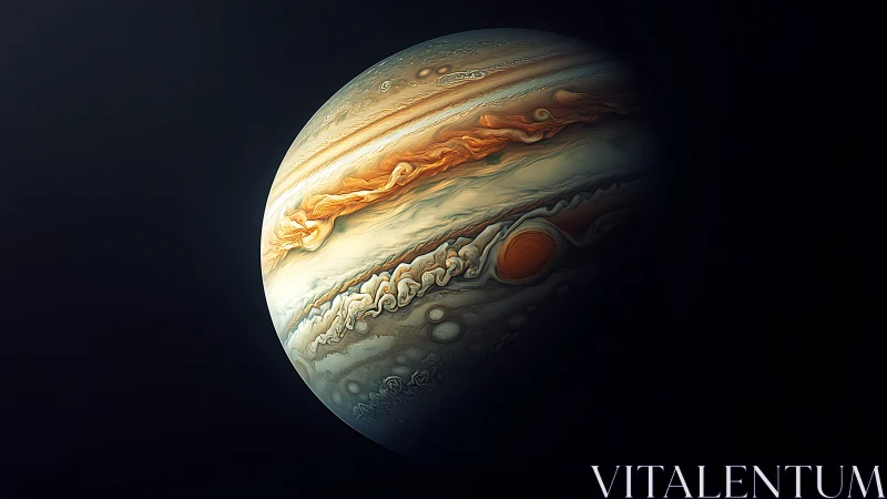 Gas giant planet glows in deep space with swirling storms