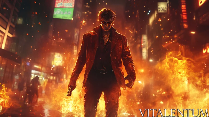 Man with handgun walks through burning city street at night