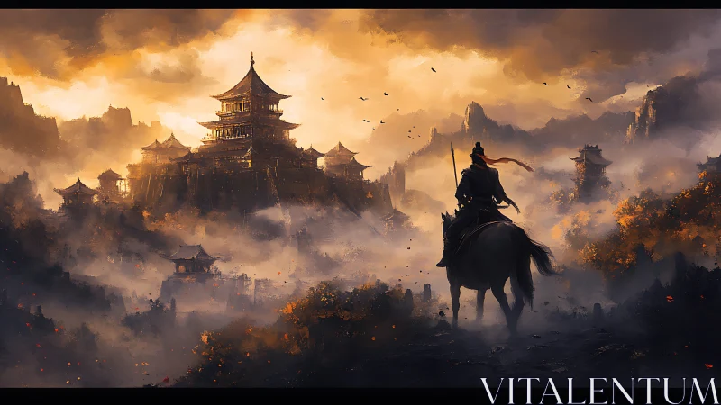 Mounted warrior before mist-covered fortress landscape.