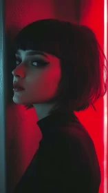 Woman in profile under red neon light, cinematic mood.