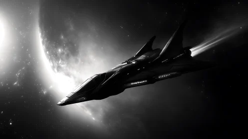 Monochrome starship silhouette accelerates past luminous exoplanet