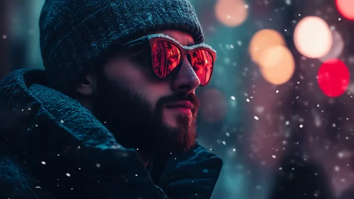 Bearded man in red glasses walks through neon winter snow