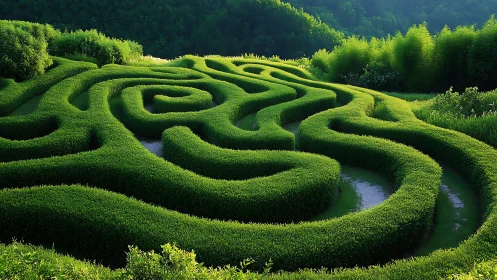 Curved hedge maze occupies a gently sloping green landscape