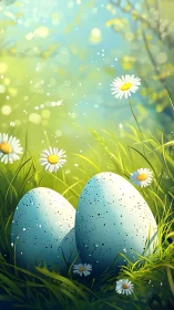 Blue speckled eggs resting in bright spring meadow.