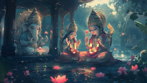 Divine child deities in serene lotus temple setting.